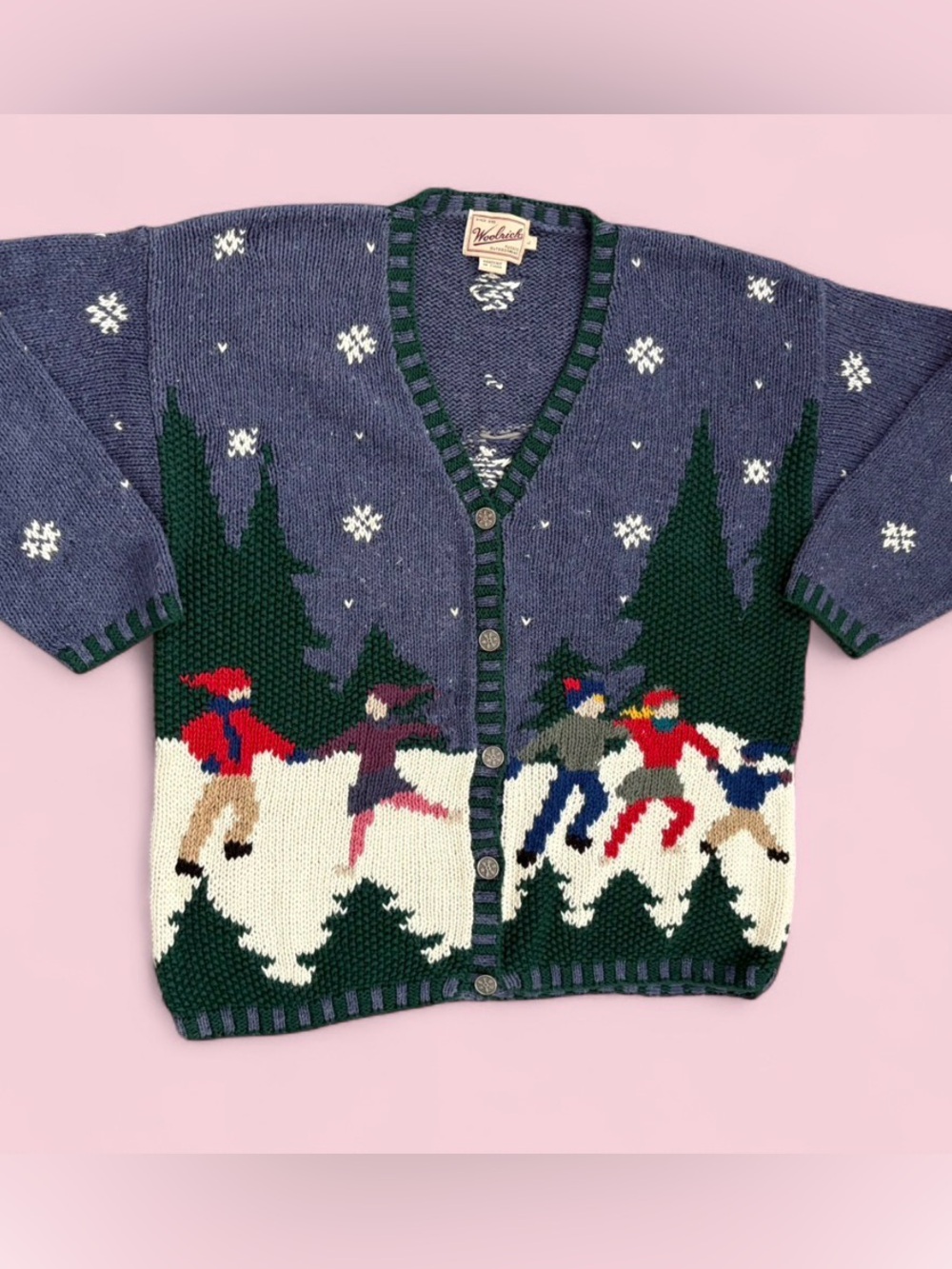 Vintage Woolrich Winter Scene Cabin Skaters Christmas Sweater Size L